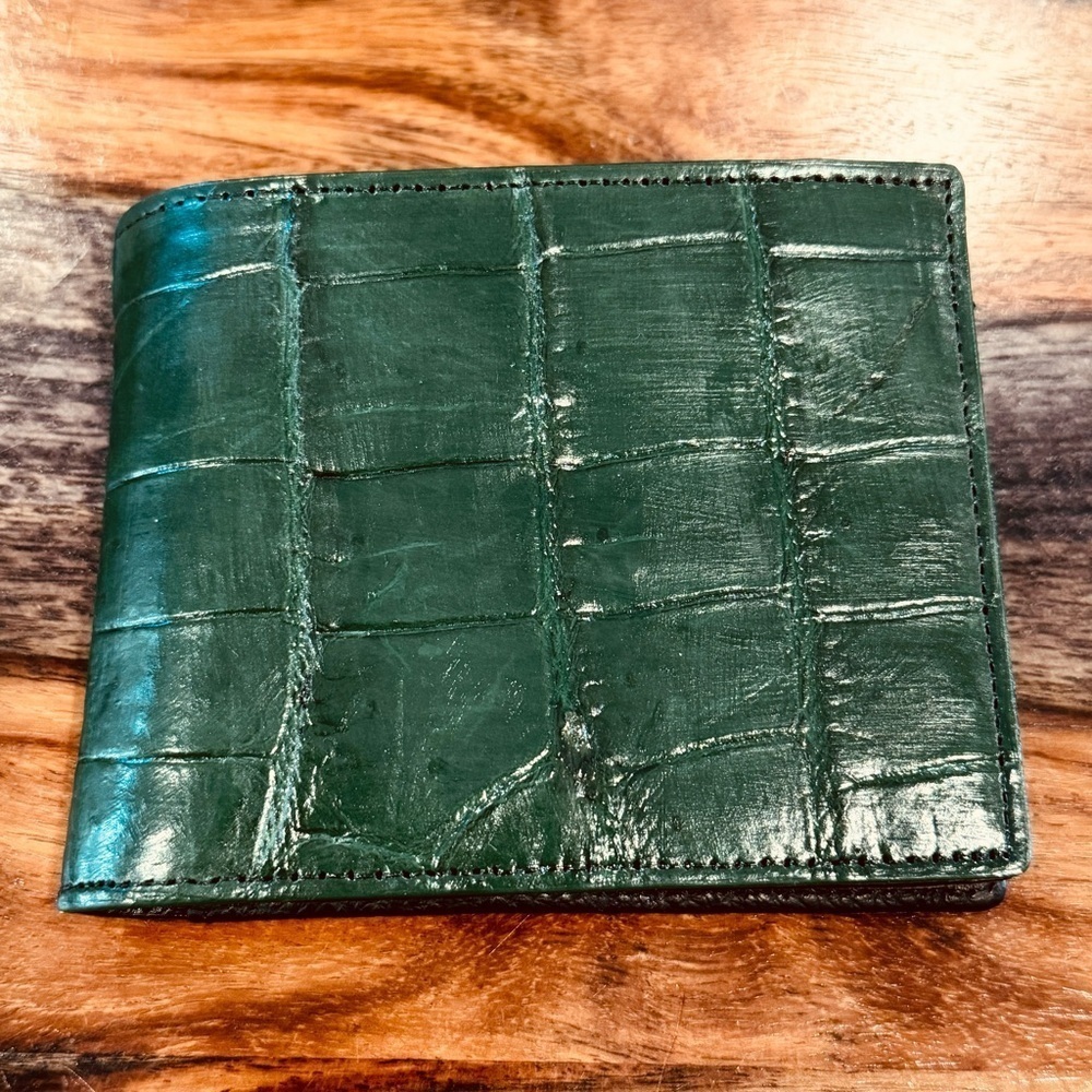 Genuine Croc Leather Wallet Dark Olive Color - Picture 2 of 10